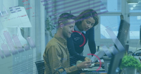 Poster - Image of data processing over diverse business people working in office