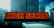 Image of red text high score, over explosion and cityscape