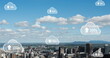 Image of digital clouds with percent going up over cityscape