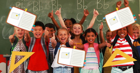 Poster - image of school items icons over happy school children with thumbs up