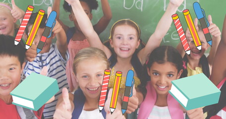 Poster - image of school items icons over happy school children with thumbs up