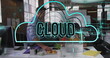 Image of cloud text in cloud over caucasian coworkers having snacks and coffee in office