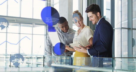 Poster - Image of financial data processing over diverse business people in office
