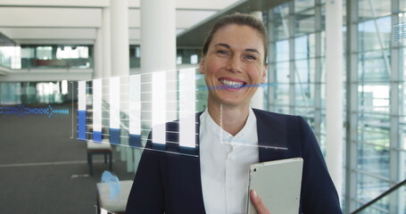 Poster - Image of financial data processing over caucasian businesswoman with tablet