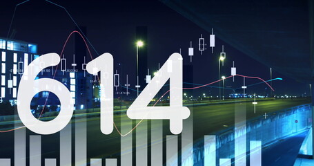 Poster - Image of changing numbers, graphs, time lapse of moving vehicles against modern buildings