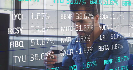 Poster - Image of stock market data moving caucasian businessman drinking coffee in office