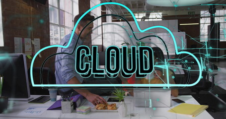 Wall Mural - Image of cloud text in cloud over caucasian coworkers having snacks and coffee in office