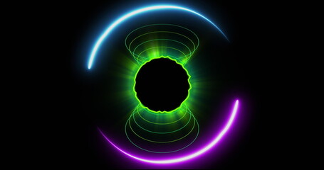 Poster - Image of neon lines over green glowing globe with connections over black background
