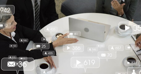 Poster - Image of social media data processing over diverse business people in office