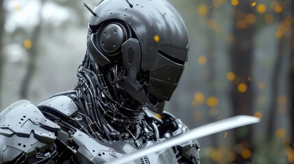 Poster - Close up of a robot holding a sword. Perfect for technology or sci-fi themed projects