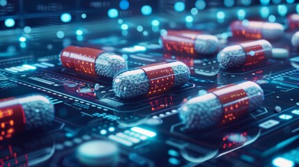 Poster - A computer chip with many red pills on it