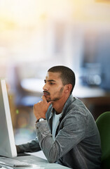 Leinwandbilder - Man, computer and thinking in office for creative work, job and company project in Brazil. Graphic designer, technology and design in workplace for business website, social media and online app