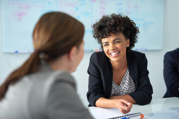 Canvas Print - Woman, office and business meeting or talking, company and work collaboration with employee for partnership. Together, coworkers and smile or target goal and review conversation, staff or career plan