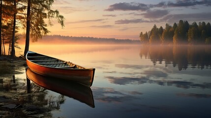 Canvas Print - A peaceful sunset scene on a calm lake with reflections and a rowing boat