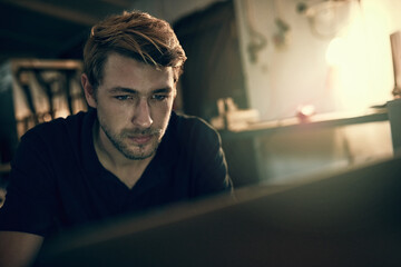 Poster - House, man and laptop with reading at night for freelance job, programming and online communication. Remote work, web design and developer with technology at home for overtime, planning or networking