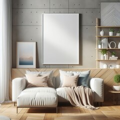 Wall Mural - A white couch with pillows and a blanket on it image realistic photo harmony card design illustrator.