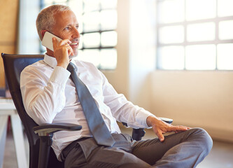 Poster - Mature businessman, CEO and phone call in office with communication for financial deal and negotiation. Boss, corporate employer and smartphone with networking, investor feedback and b2b planning