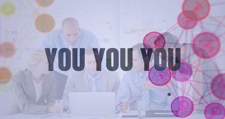Poster - Image of you text and connected icons globes over diverse coworkers discussing reports