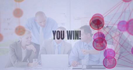 Poster - Image of you win text and connected icons globes over diverse coworkers discussing reports
