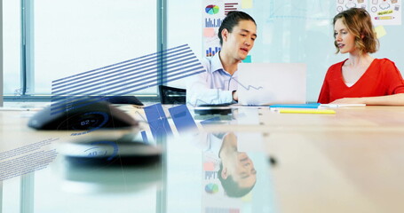 Poster - Image of infographic interface over diverse coworkers discussing reports on laptop