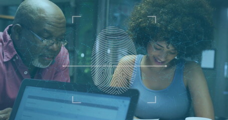 Poster - Image of biometric fingerprint data processing over diverse business people in office