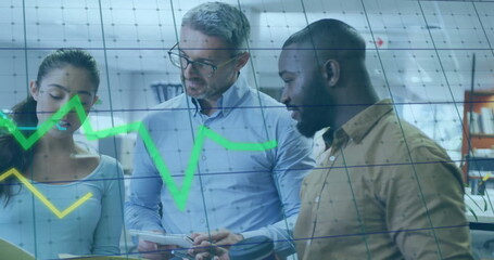 Poster - Image of lines and financial data processing over diverse business people in office