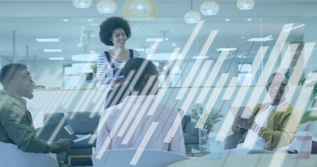 Poster - Image of financial data processing over diverse business people in office