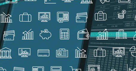 Poster - Image of financial data processing and rows of business icons over dark background