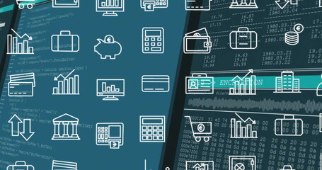 Poster - Image of financial data processing and rows of business icons over dark background