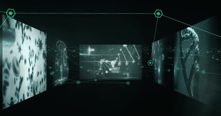 Poster - Image of scientific data processing over screens on dark background