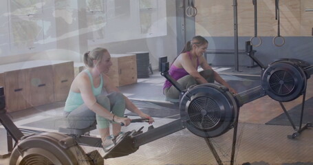 Poster - Image of financial data processing over diverse people exercising in gym