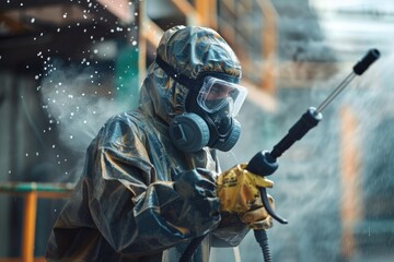 Wall Mural - A man in a protective suit spraying water with a spray gun. Suitable for industrial or cleaning concept