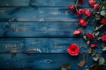 Wall Mural - Red poppy and soldier's tags lay on blue weathered wood  Memorial Day reflection.