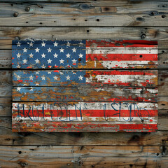 Wall Mural - Graffiti-styled weathered USA flag on railroad tie wood, creating a striking Memorial Day piece.