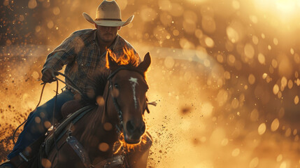 A cowboy riding a horse in a dusty field