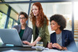 © peopleimages.com - Laptop, teamwork or women in startup for problem solving, conversation or discussion for tech news. Solution, meeting or people in office for planning strategy, feedback data or online collaboration