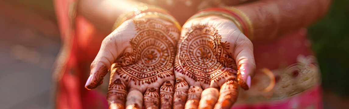 close up of a bridal mehndi design for marriage Traditional Adornment Symbolic Elaborate with sunlight background