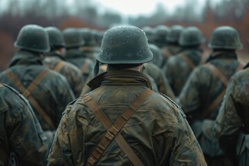 Poster - A group of men in military uniforms standing in a line. Suitable for military or teamwork concepts