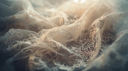the intricate lace patterns of delicate lace fabric with soft focus dreamy romantic atmosphere.