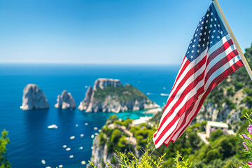 Wall Mural - Patriotic display of the American flag against a capri blue backdrop  Memorial Day.