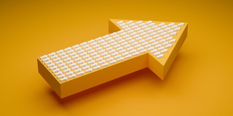 Wall Mural - group of white arrows on top of large orange arrow over orange background, business success, teamwor