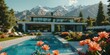 © GERARD - wallpaper representing a superb modern villa, with a sublime swimming pool, surrounded by a flower bed. Magnificent mountains in the background