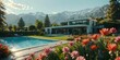 © GERARD - wallpaper representing a superb modern villa, with a sublime swimming pool, surrounded by a flower bed. Magnificent mountains in the background