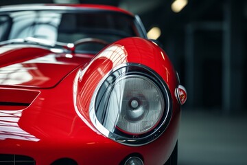 Closeup of a vintage red sports car headlight and elegant bodywork