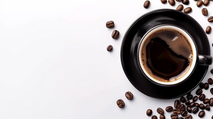 Black coffee in a black cup on a white background with coffee beans scattered on the right side.