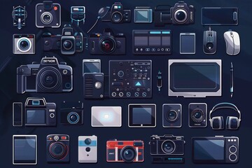 Poster - A variety of electronic devices and gadgets on a dark background. Suitable for technology concept designs