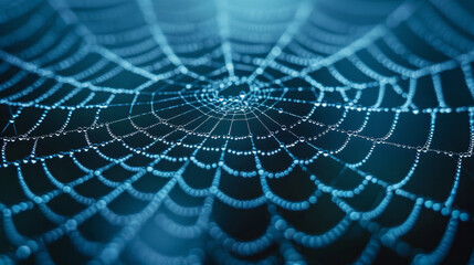 Stunning macro view of a spider web with intricate patterns and dew drops glistening in the light.