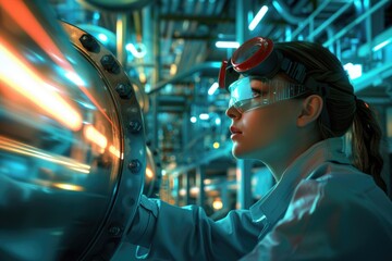 Poster - A woman in a lab coat and goggles working on a machine. Suitable for scientific and research concepts