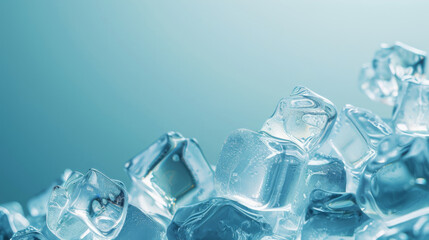 Poster - Refreshing close-up view of translucent ice cubes piled together, glowing with a soft blue light in the background