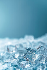 Poster - Close-up of sparkling ice cubes with intricate details against a soft blue backdrop, ideal for refreshing summer or cold concept visuals